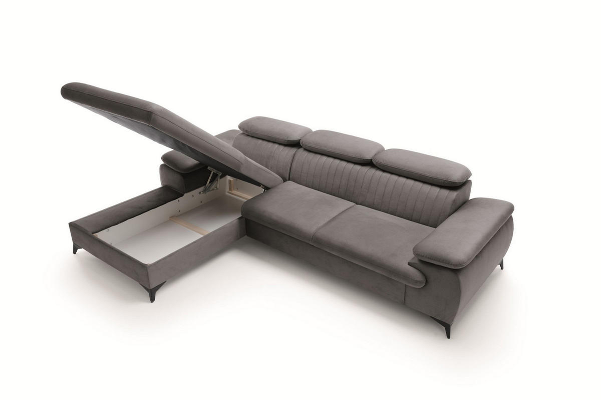 ECKSOFA FIORE Grau Velours-Stoff mit Schlaffunktion - Grau, Holz (275/221cm) - MASSENO