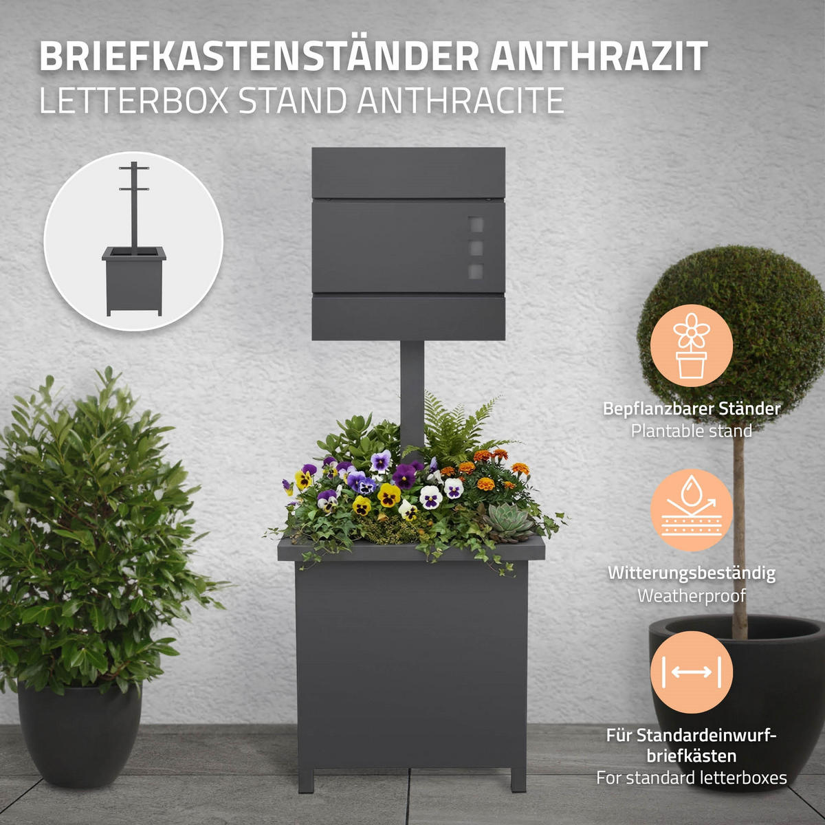 BRIEFKASTENSTÄNDER mit Pflanzkasten Anthrazit H:120 cm aus Stahl - Grau, Metall (120cm) - ML-DESIGN