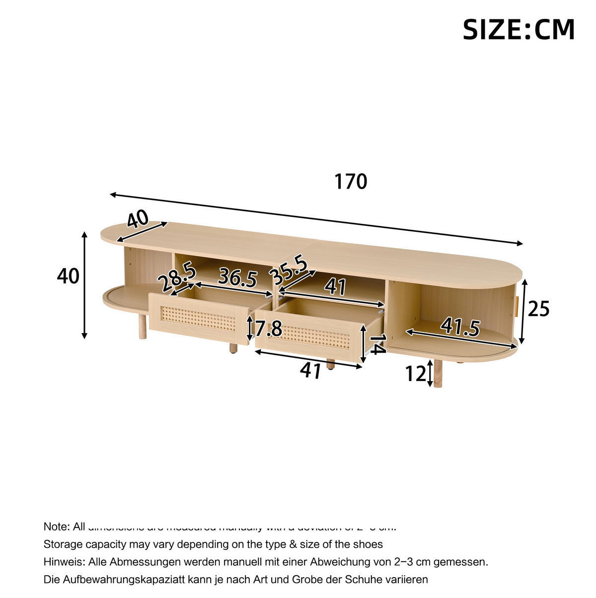 LOWBOARD 170/40/40 cm mit 2 Schubladen und 2 Schiebetüren in Eichefarben - Naturfarben, Holzwerkstoff (170/40/40cm) - BEAOK