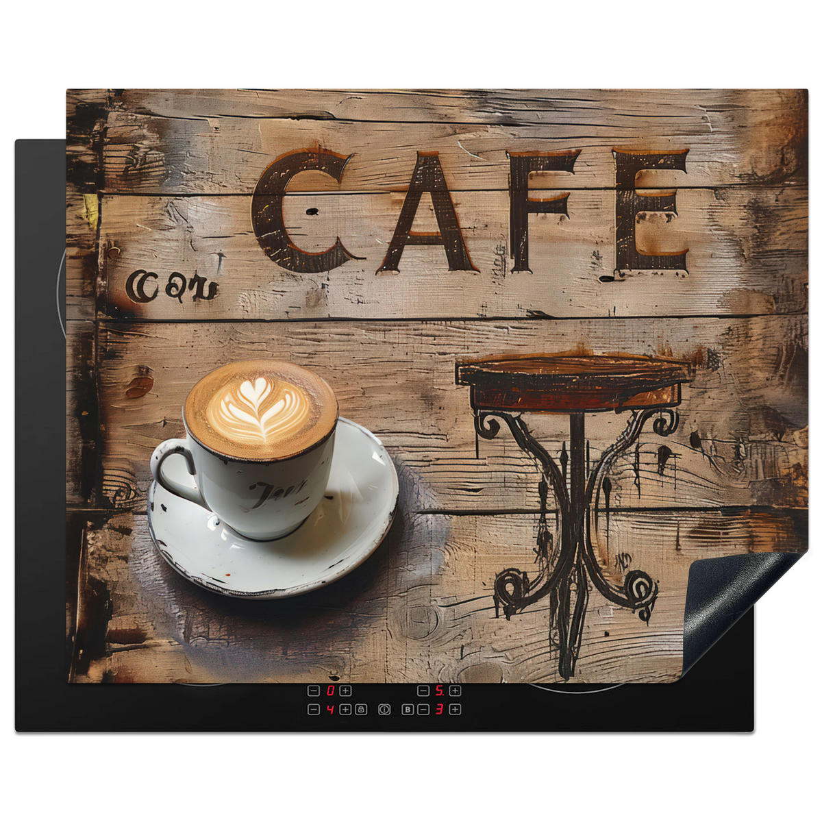 HERDABDECKPLATTE Cafe - Holz - Kaffee - Regale Herdabdeckung Induktionsfeld 65x52 cm - Schwarz, Kunststoff (65/52/0.2cm) - MuchoWow