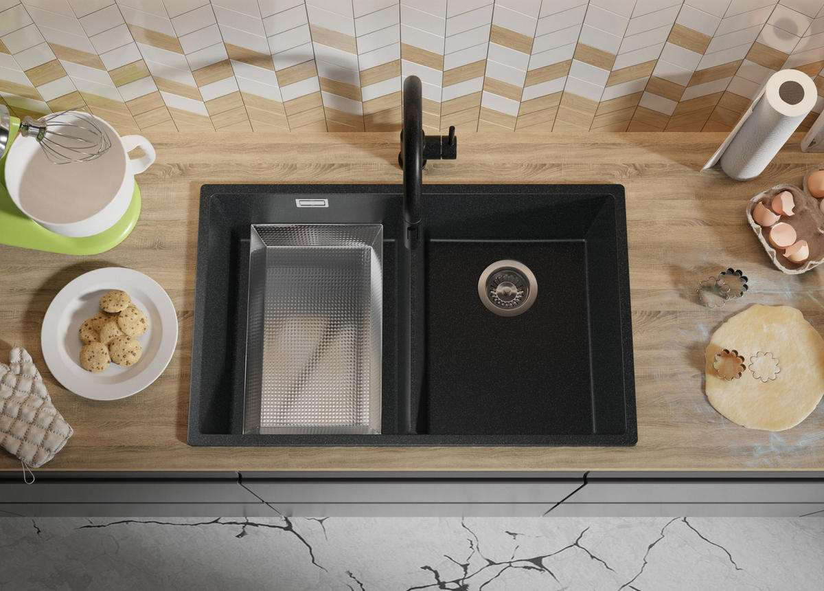 SPÜLBECKEN London Slim Twin, 2-er set Anthrazit 76/47 cm 2 Becken + Ablauf-Set ab 80er Unterschrank - Chromfarben/Anthrazit, Kunststoff (76/20/47cm) - Primagran