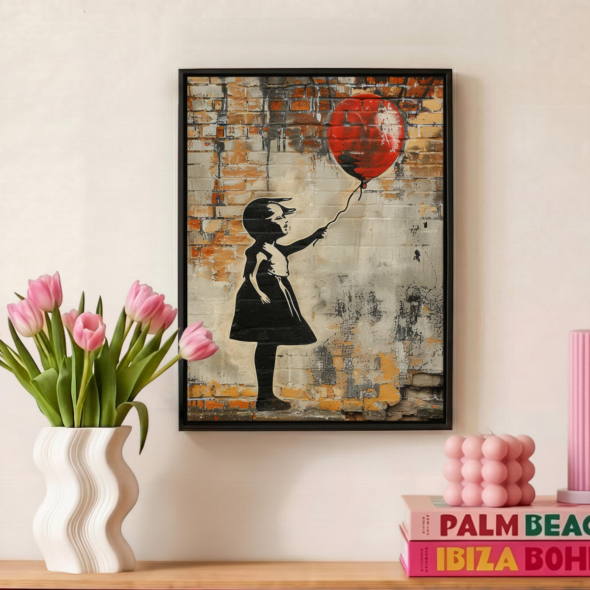 LEINWAND Bilder mit Rahmen - Graffiti - Banksy - Mädchen - Straßenkunst - 30x40 - Sandfarben, Textil (30/40cm) - MuchoWow