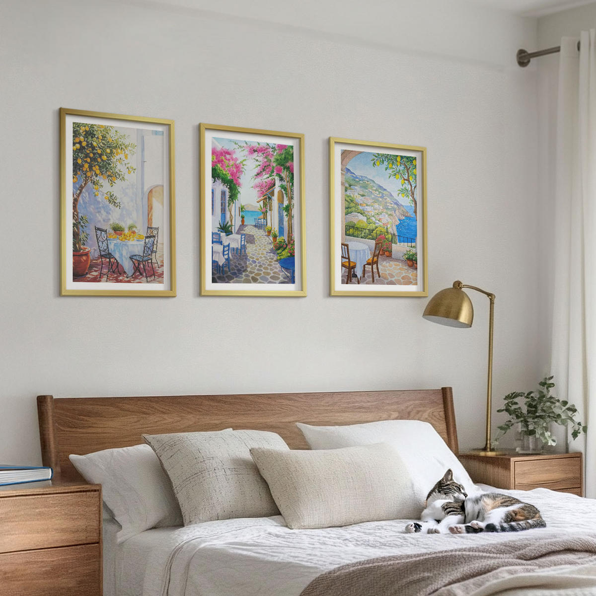 BILDER SET 3er Set - 40x60 cm Goldrahmen - Charmante Straßen, Pflanzen, Meer - Goldfarben, Kunststoff (40/60cm) - TULUP