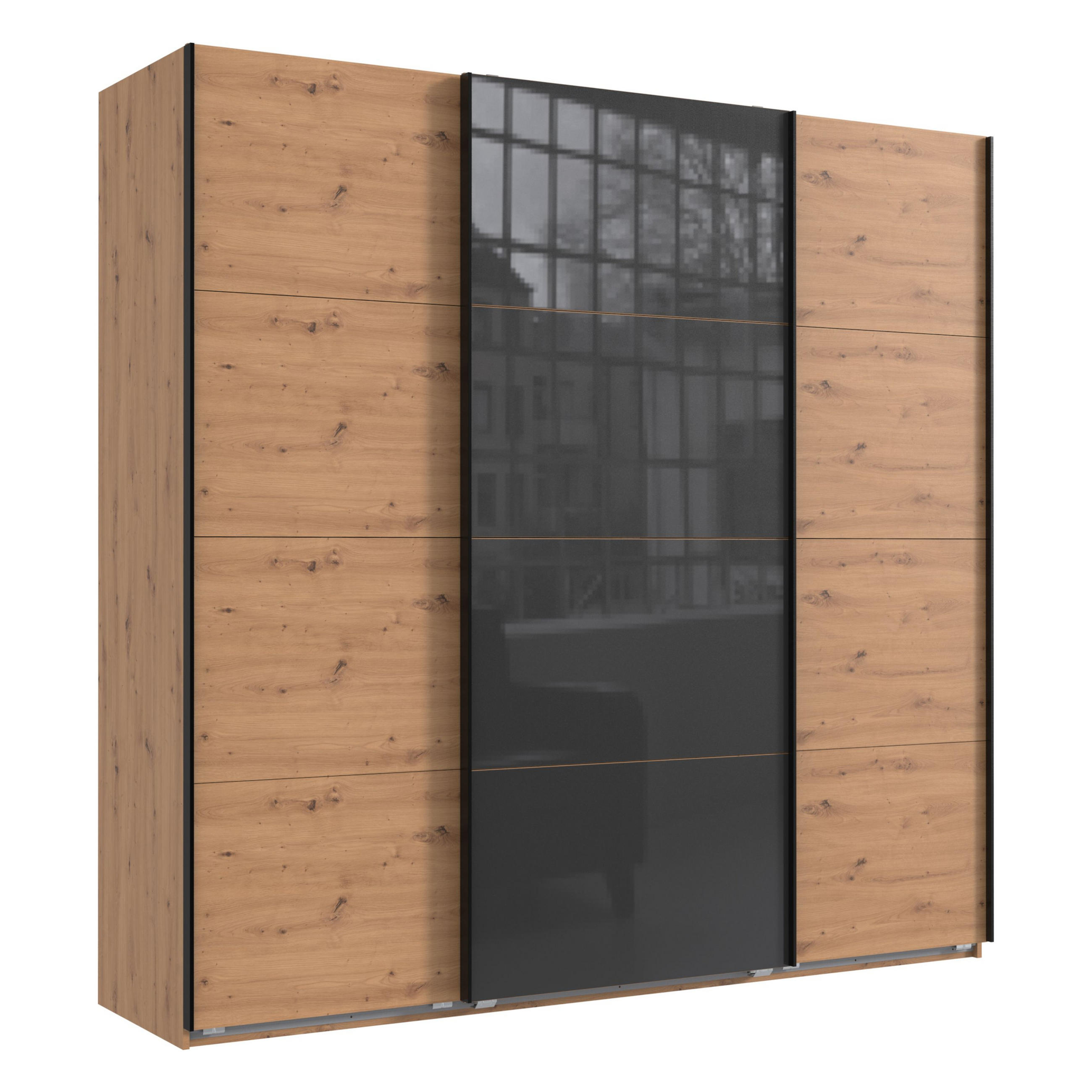 luma-home SKŘÍŇ S POSUVNÝMI DVEŘMI, 3dveřová, 225 × 236 × 64 cm (Š×V×H), extra vysoká, v dekoru dub Artisan, s jedněmi prosklenými dveřmi v šedé barvě