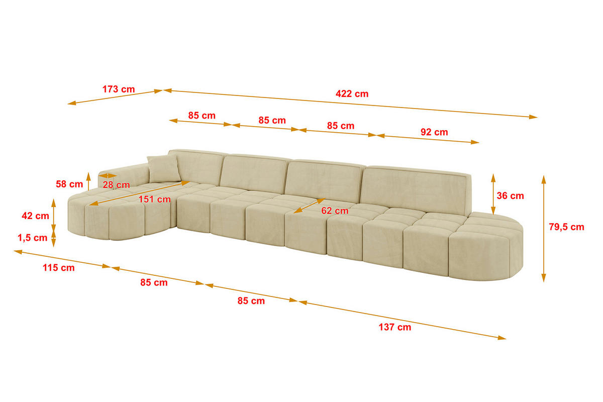 ECKSOFA Ottomane Links LIVO-L3 - 422x173x79,5 cm Beige - Beige, Holzwerkstoff/Textil (422/173cm) - ALTDECOR
