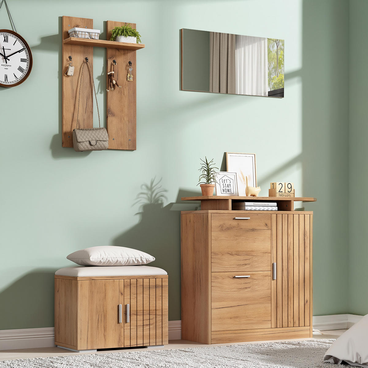 GARDEROBEN-SET 140 cm Natur – Flurmöbel mit Spiegel, Schuhbank & 5 Türen Modern - Naturfarben, Holzwerkstoff (140/133/35cm) - Urban Meuble