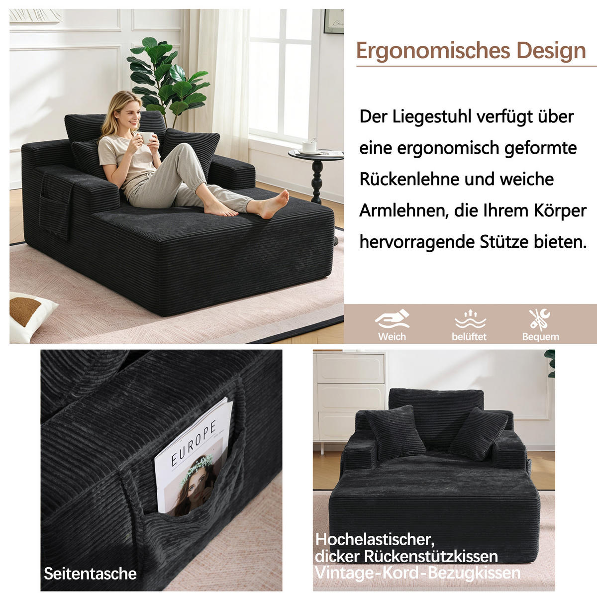 SCHLAFSOFA mit Seitentaschen und Federkernpolsterung aus Cord - Schwarz, Textil (110/150/70cm) - EVRYAE