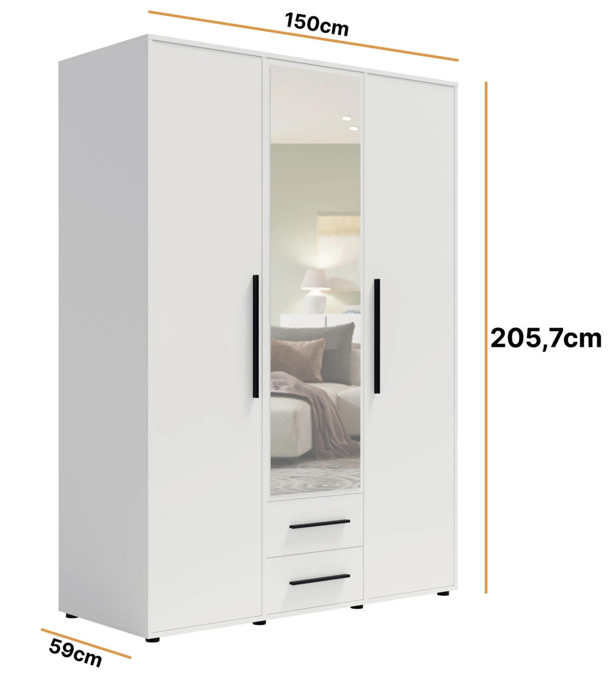 KLEIDERSCHRANK Modena 150cm mit Spiegel Weiß - Schwarz/Weiß, Holzwerkstoff/Kunststoff (150/206/59cm) - Ravio