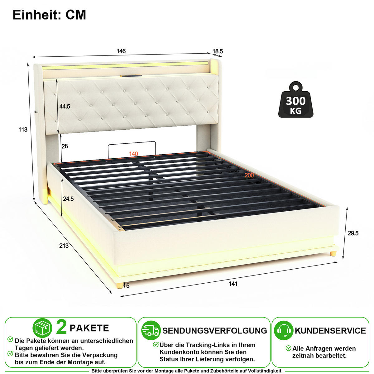 ČALOUNĚNÁ POSTEL 140/200 cm v béžové barvě s LED, USB a úložným prostorem - béžová, kov/kompozitní dřevo (140/200cm) - CHICFURN