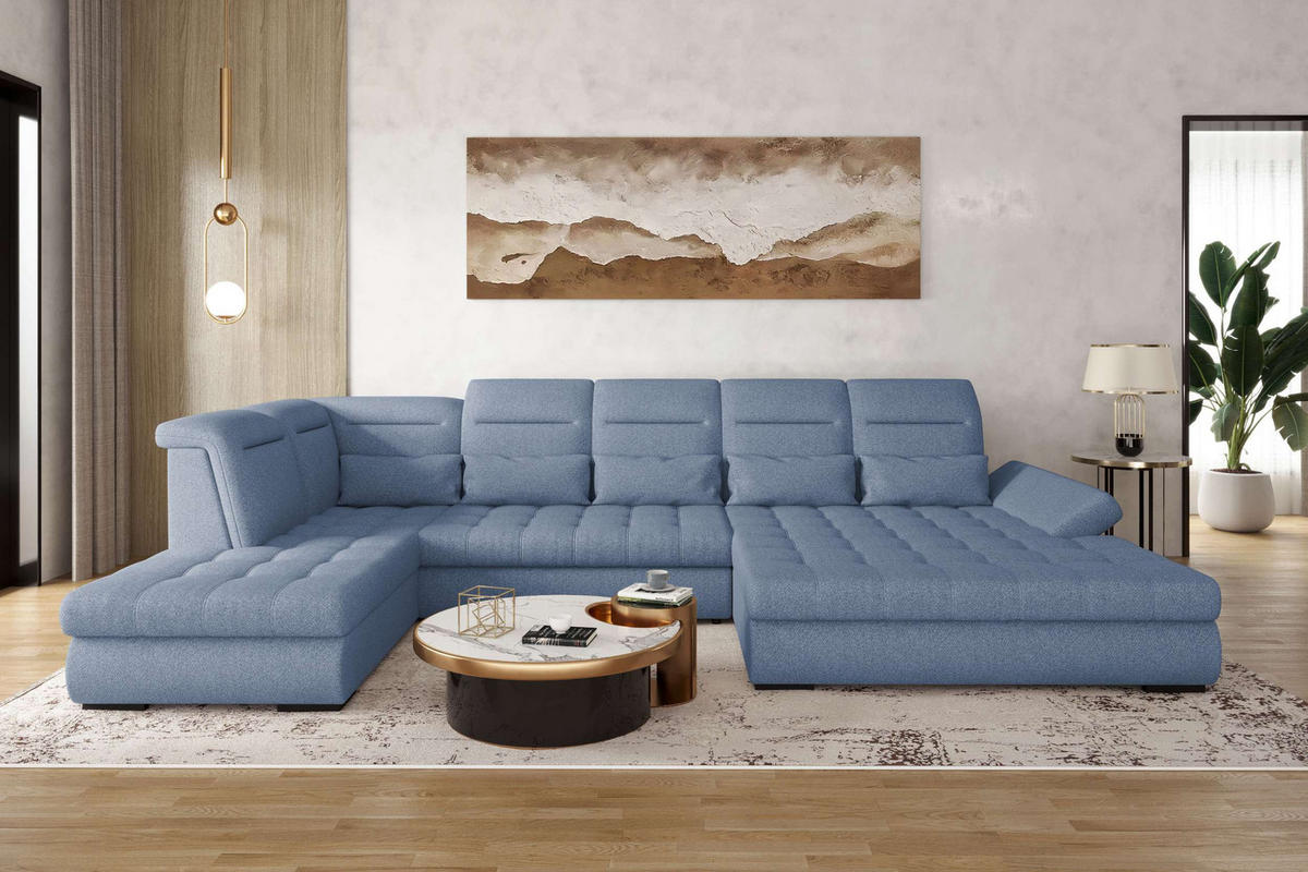 WOHNLANDSCHAFT Toscana Strukturstoff inkl. Schlaffunktion - Blau, Textil (358/87/208cm) - 99rooms