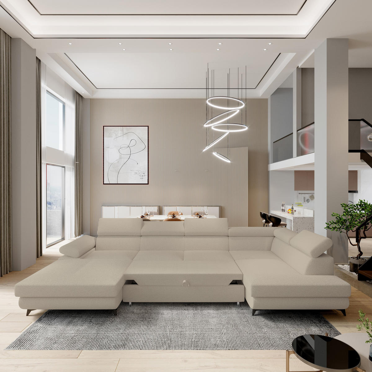 WOHNLANDSCHAFT RUBANO R-S Beige Boucle-Stoff mit Schlaffunktion - Beige, Holz (339/89/190cm) - MASSENO