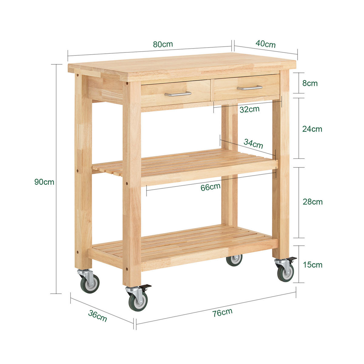 SERVIERWAGEN Gummiholz - Naturfarben, Holz (80/90/40cm) - SoBuy