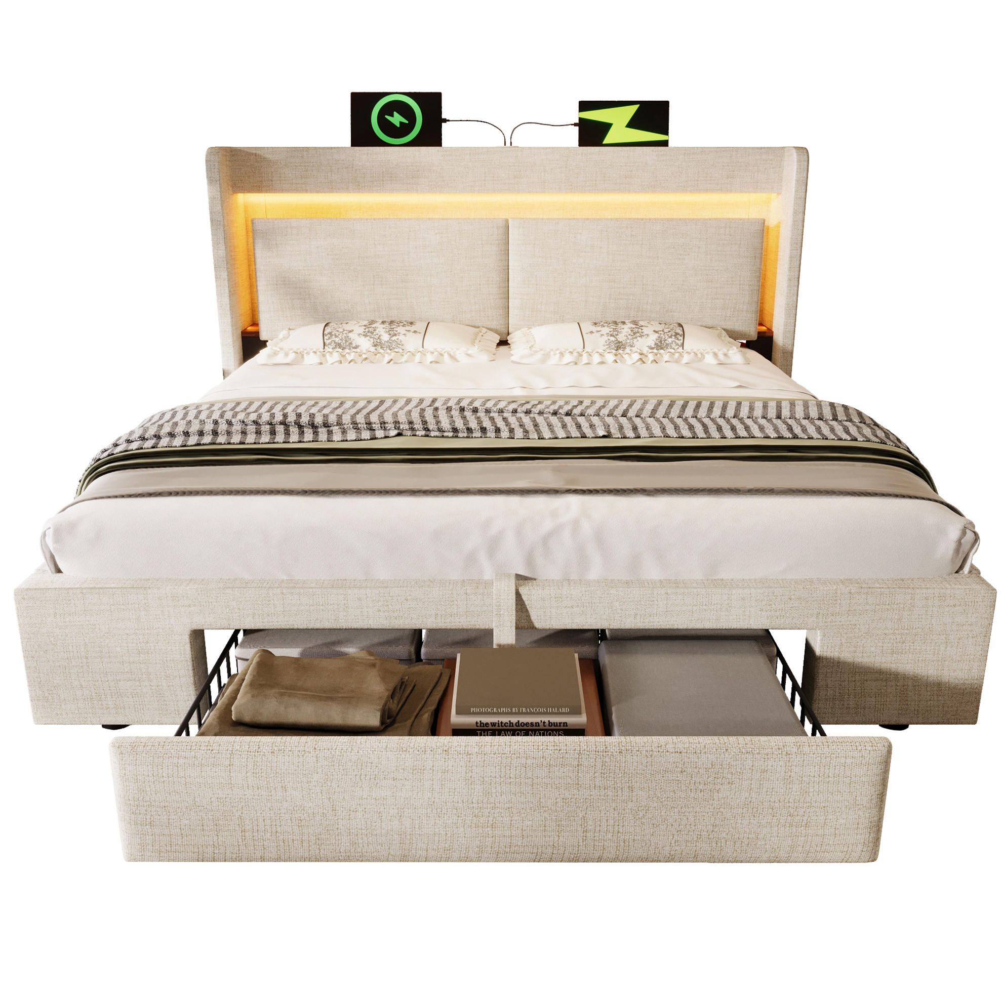POLSTERBETT 160/200 cm Beige mit LED-Beleuchtung, Stauraum und Matratze - Beige, Textil (160/200cm) - Flora Grace