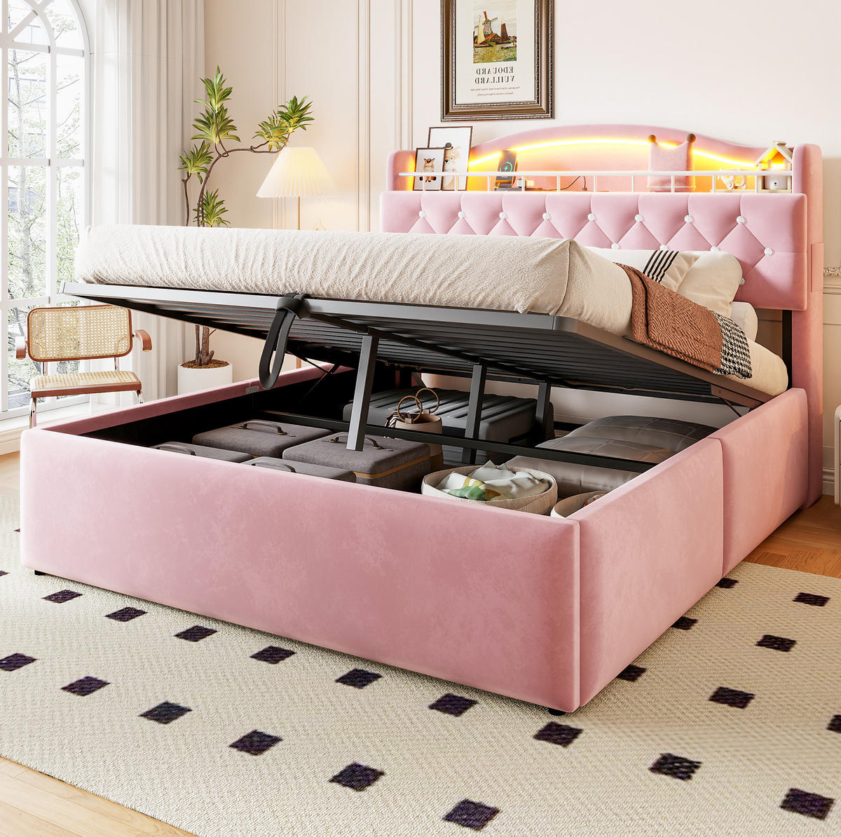POLSTERBETT 140x200 cm in Rosa mit LED-Beleuchtung, USB-Anschlüssen und Stauraum - Pink, Textil (140/200cm) - IVMEU