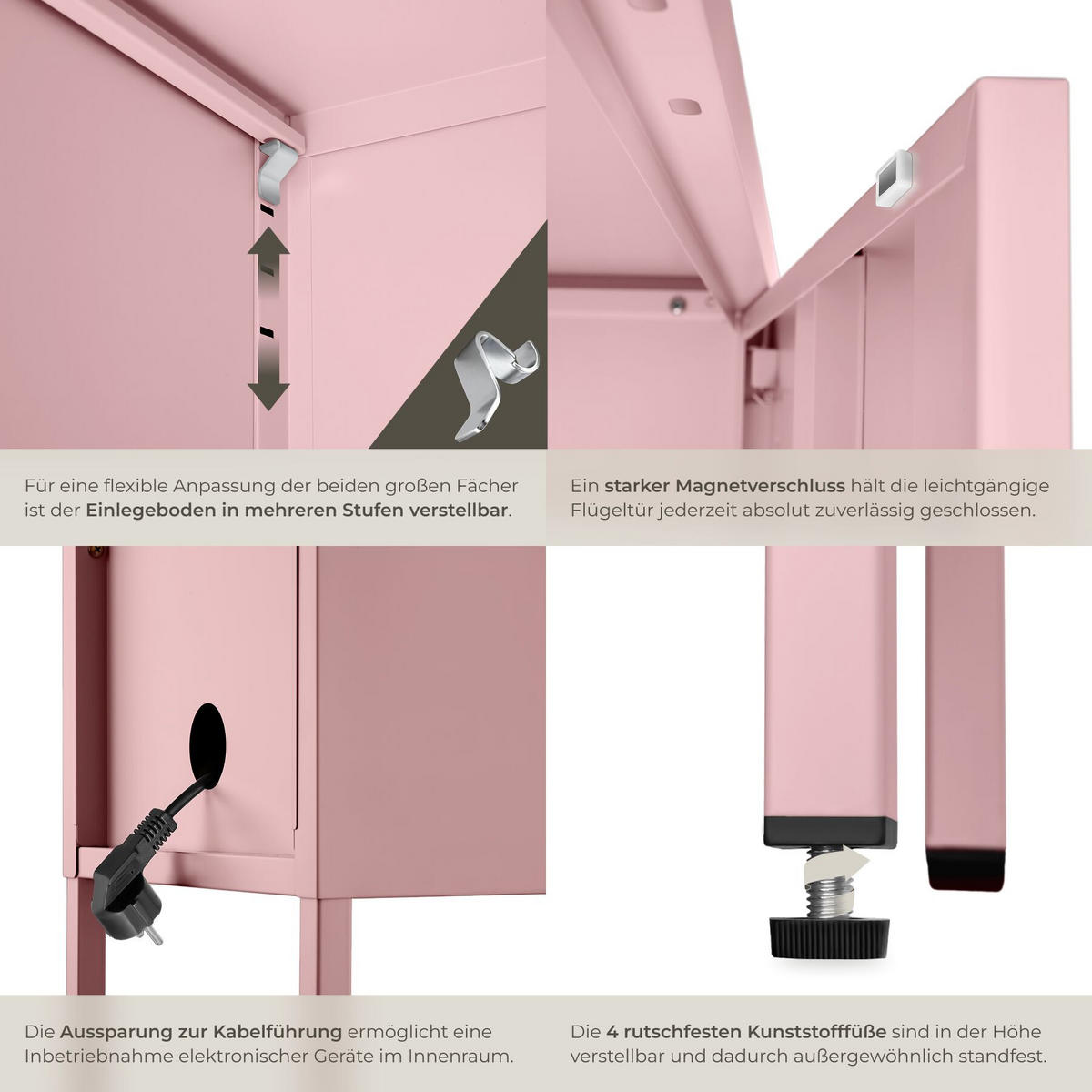NACHTSCHRANK Baker, Kippschutz, höhenverstellbare Füße, rosa - Rosa, Metall (35/60.5/42.5cm) - tectake