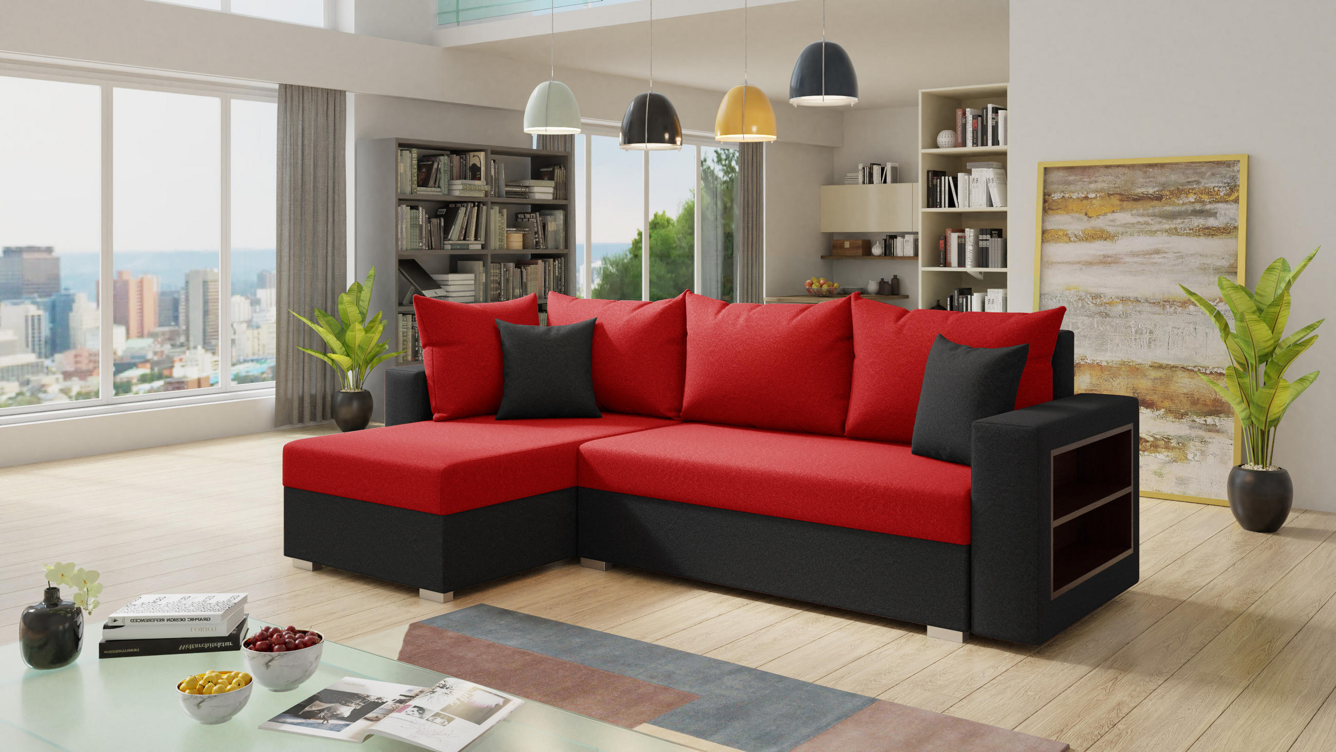 ECKSOFA Lord, Seite: Links - Rot/Schwarz, Holz/Textil (238/141cm) - Sofnet