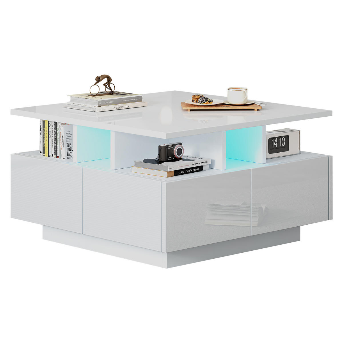 COUCHTISCH 70/70/40 cm Weiß mit 4 Schubladen und LED-Beleuchtung, geometrisches Design - Weiß, Holzwerkstoff (70/70/40cm) - OKWISH