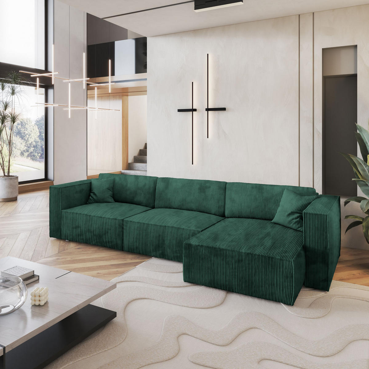 ECKSOFA TOLMO P Grün Kordstoff mit Schlaffunktion - Grün, Holz (347/148cm) - MASSENO