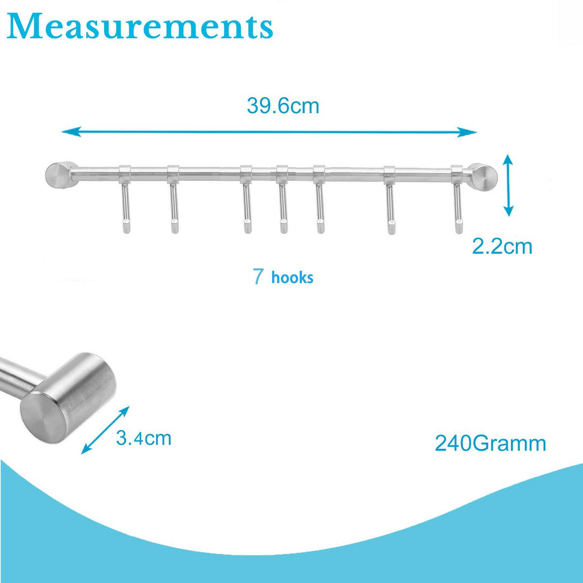 KÜCHEN HÄNGELEISTE mit 7 Haken - Silberfarben, Metall (3.4/2.2/39.6cm) - Intirilife