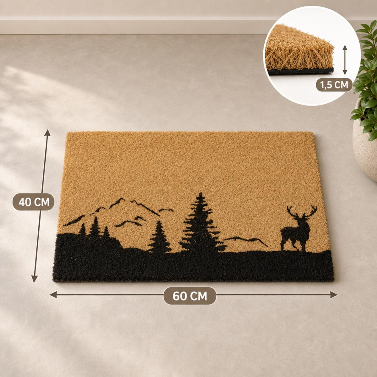 ROHOŽKA Přírodní Černá kokos protiskluzová 60x40 cm - světle hnědá, textil/plast (60/40cm) - Relaxdays