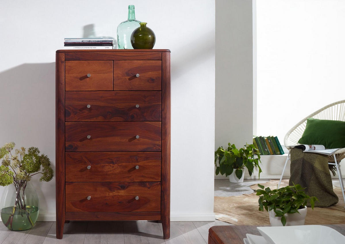 KOMMODE Sheesham 70x40x115 walnuss geölt BROOKLYN #23 - Dunkelbraun, Holz (70/115/40cm) - Massivmoebel24
