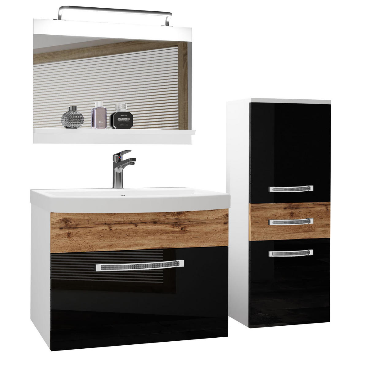 BADMÖBEL Badezimmer Schwarz / Wotan Eiche, Glänzend und Matt - Eiche Wotan/Schwarz, Holz (100/81/40cm) - B BELINI GROUP