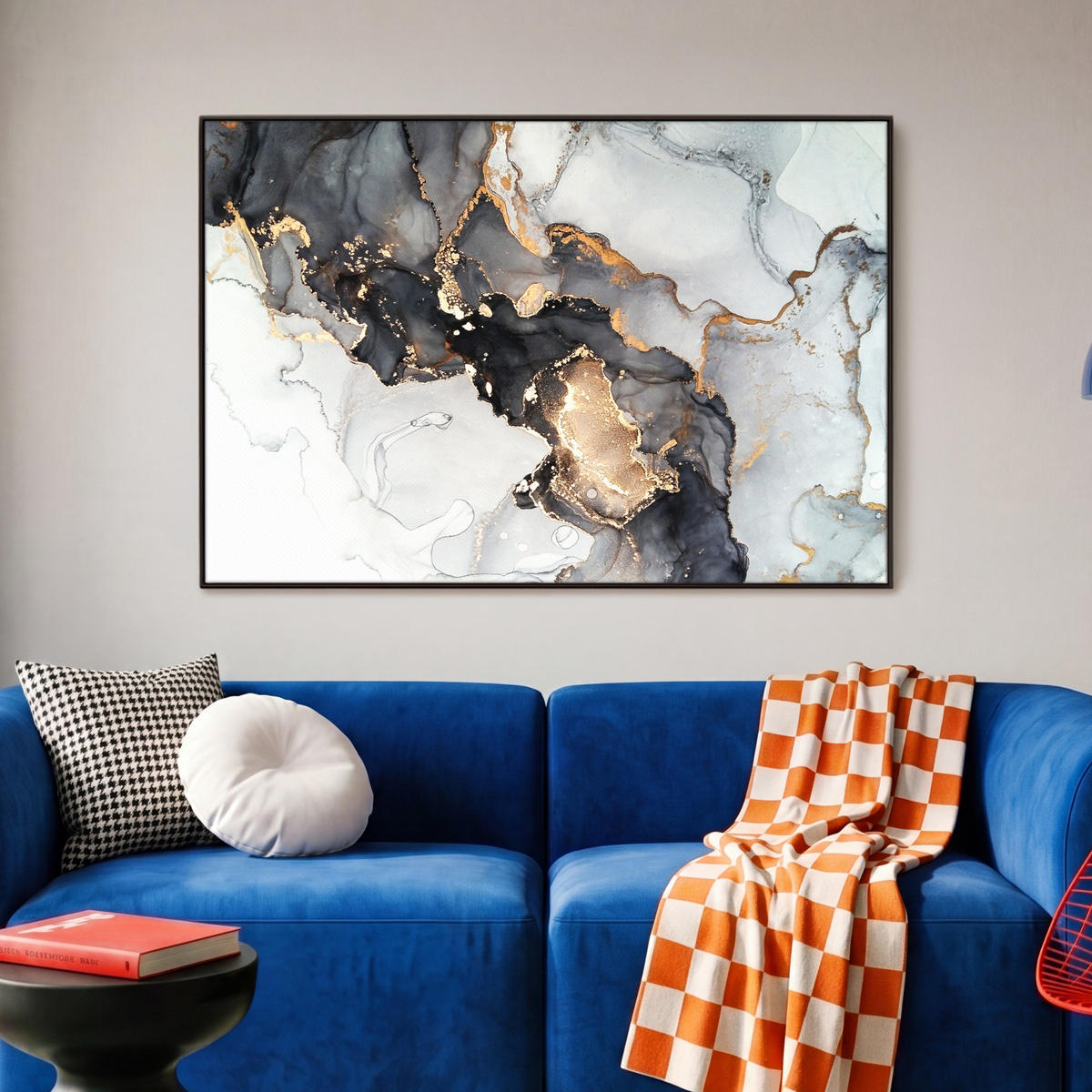 LEINWAND Bilder mit Rahmen - Marmor - Schwarz - Weiß - Gold - Luxus - Abstrakt - 90x60 - Goldfarben, Textil (90/60cm) - MuchoWow