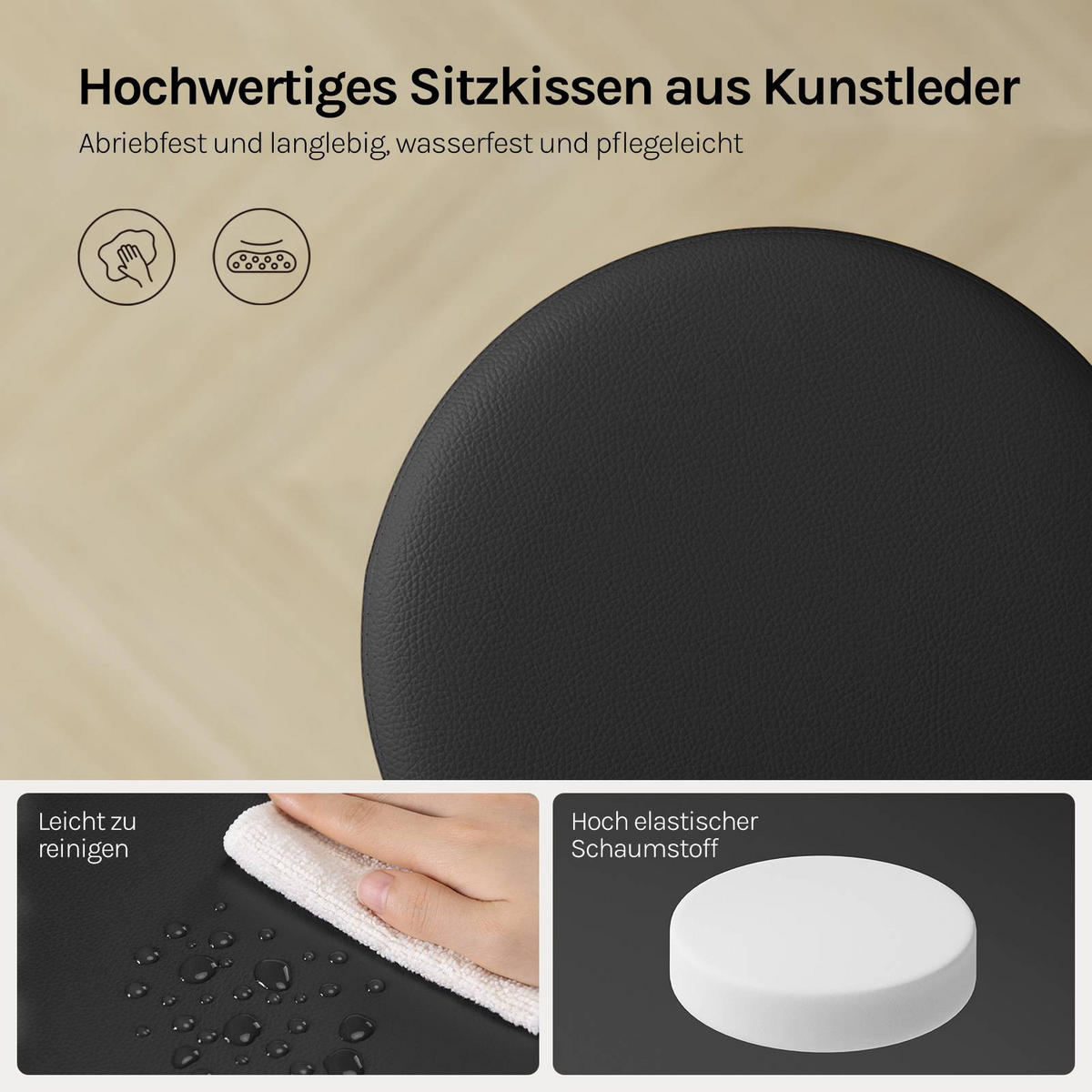 SITZHOCKER 2er Set, rund, Kunstleder, Grau - Silberfarben/Grau, Textil/Metall (38.5/56/38.5cm) - Woltu