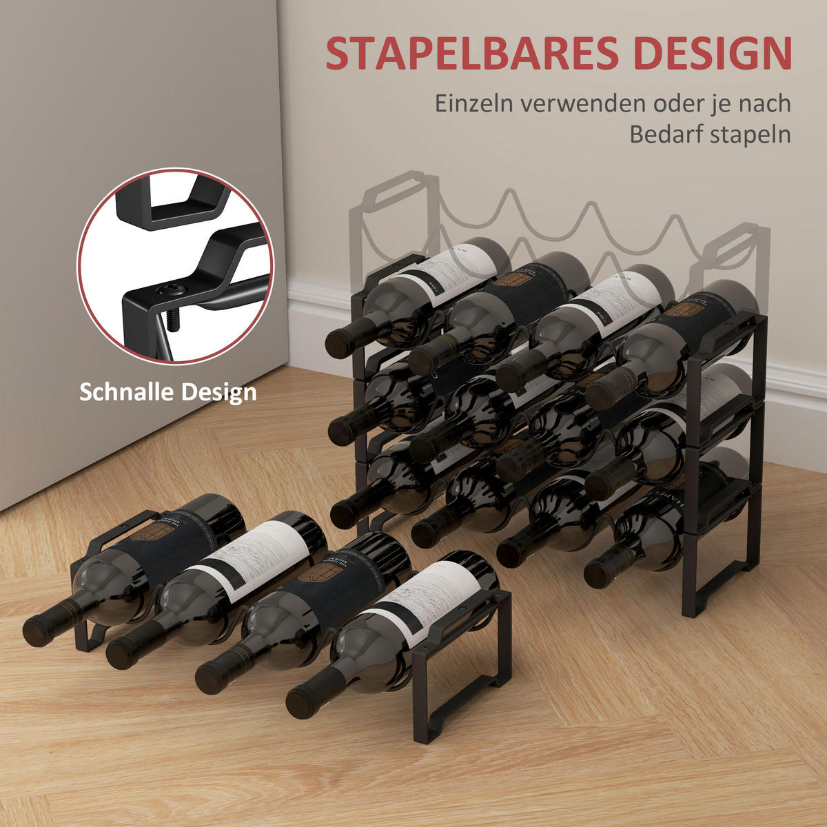 WEINREGAL für 16 Weinflaschen, Schwarz - Schwarz, Metall (42.5/41/16.5cm) - HOMCOM