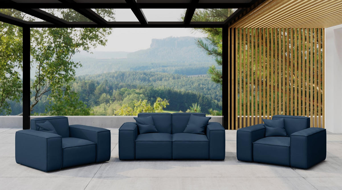 LOUNGEGARNITUR 2 1 1 Gartenmöbel, MALIBU Stoff Odyssey Marineblau - Blau, Holz - Kaiser Möbel