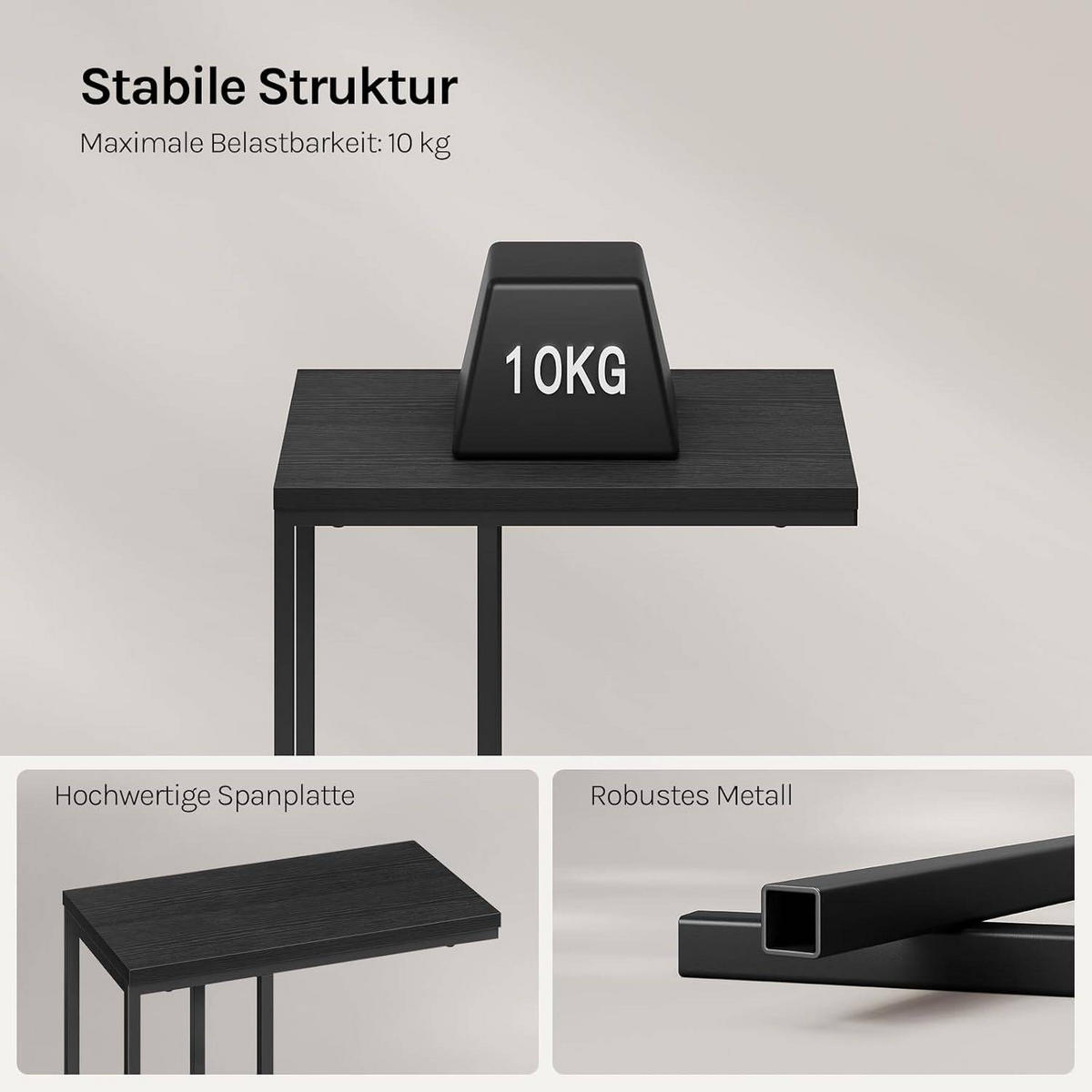 BEISTELLTISCH, Couchtisch C Form, 45 x 63,5 x 25 cm - Schwarz, Holzwerkstoff/Metall (25/45/63.5cm) - Woltu