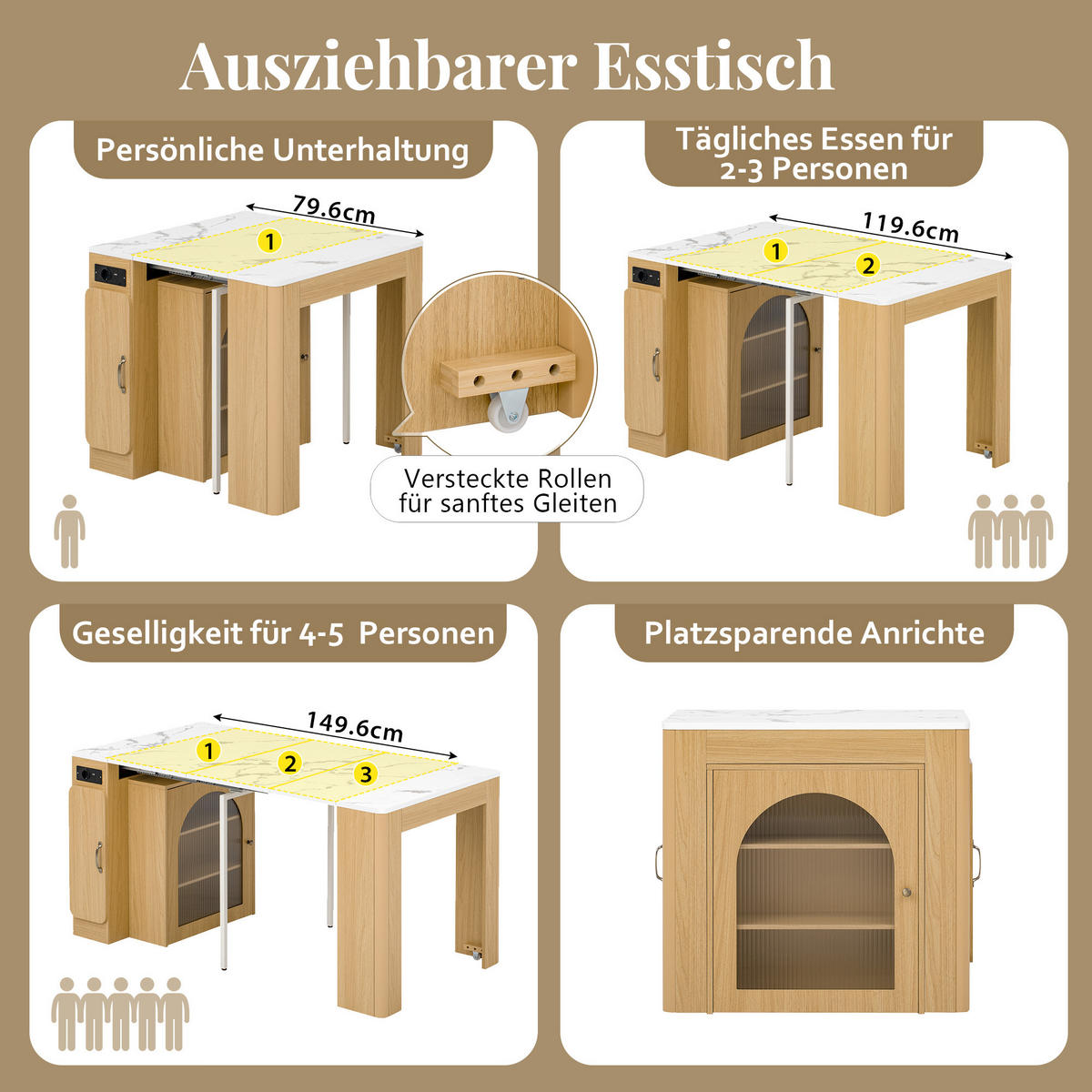 KÜCHENINSEL mit ausziehbarer Tischplatte DE-39555 Natur - Naturfarben, Holzwerkstoff (83/77/39.6cm) - ComfortXL