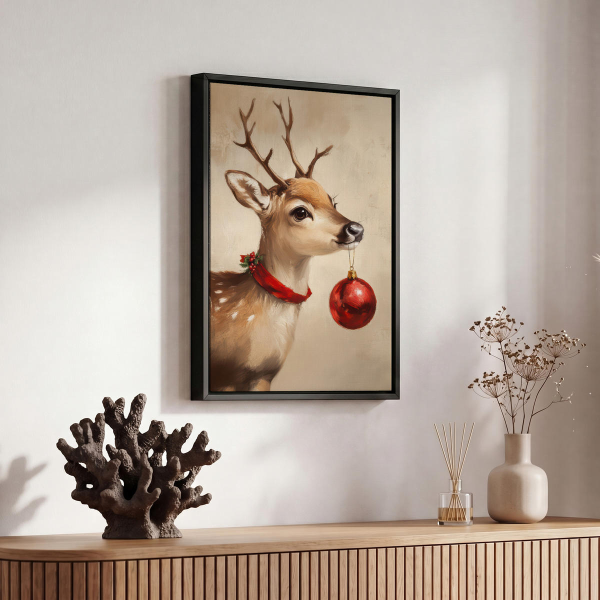 LEINWAND Bilder mit Rahmen - Weihnachten - Hirsch - Geweih - Weihnachtskugel - Rentier - 20x30 - Hellbraun, Textil (20/30cm) - MuchoWow
