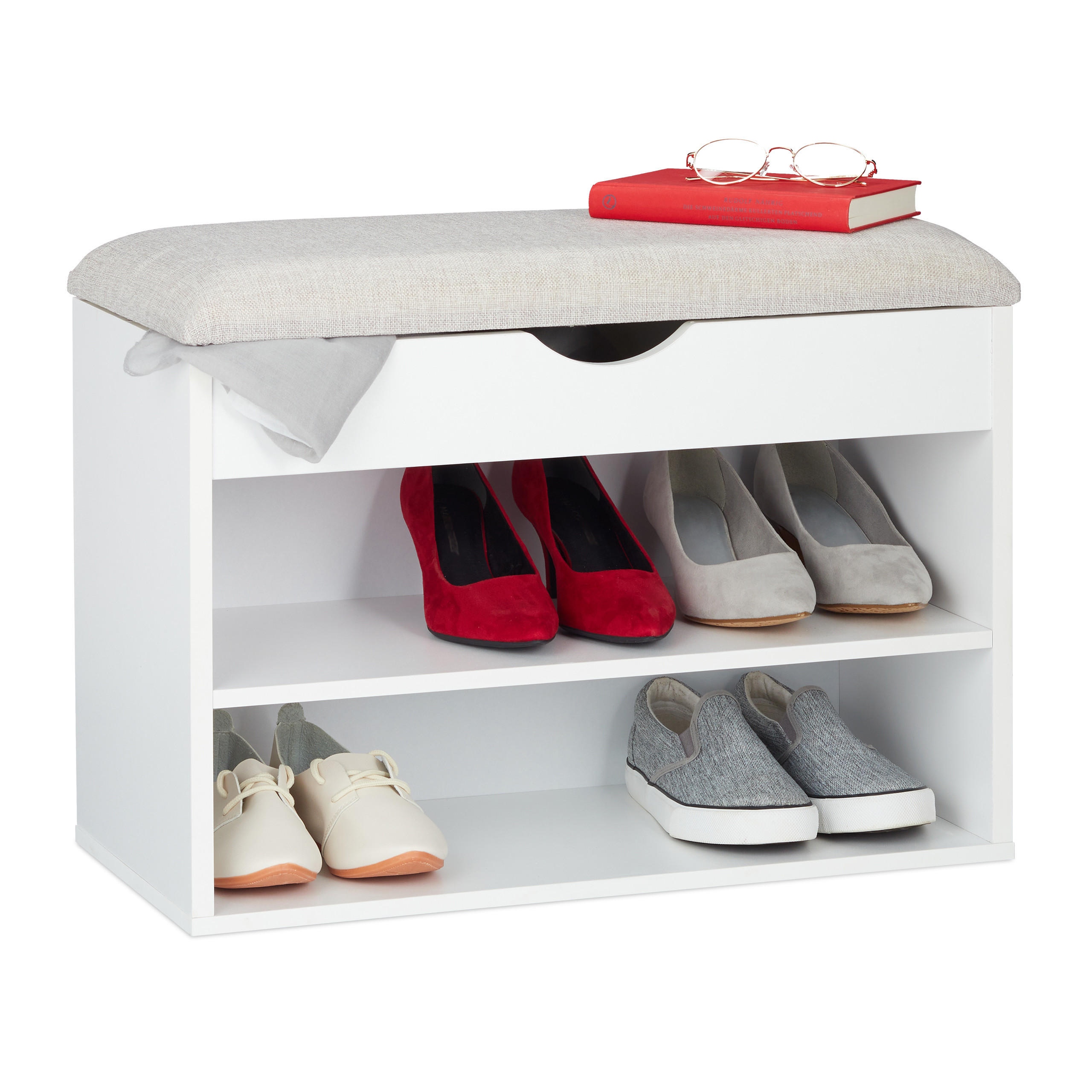 SCHUHBANK - Weiß, Holzwerkstoff/Textil (62/45/30cm) - Relaxdays