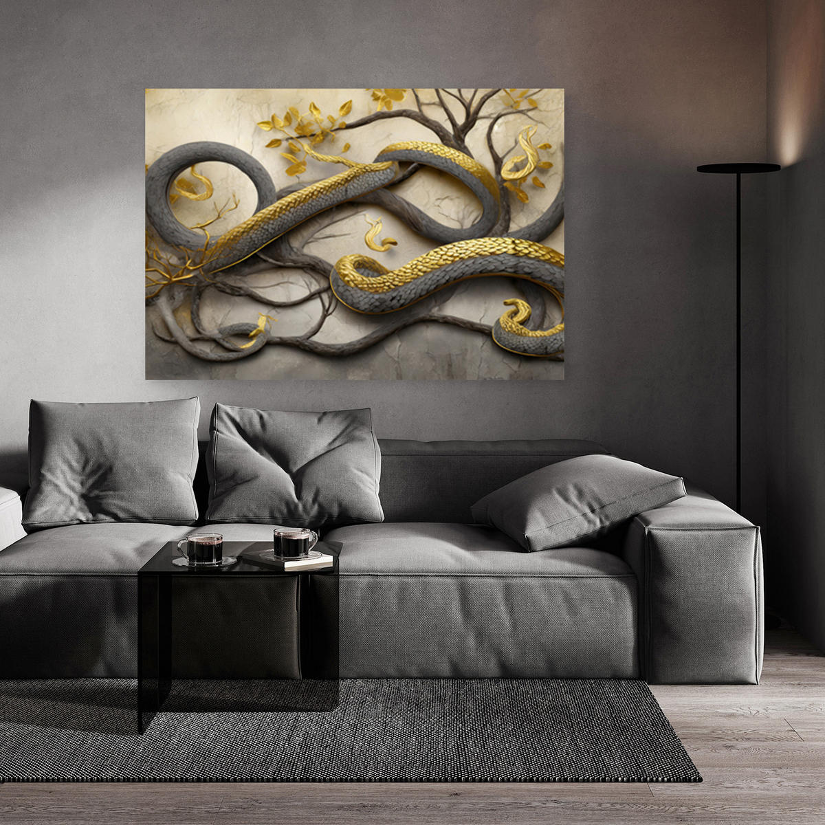 WANDBILD gold schlange zweig abstrakt - Goldfarben, Textil (60/40cm) - Feeby