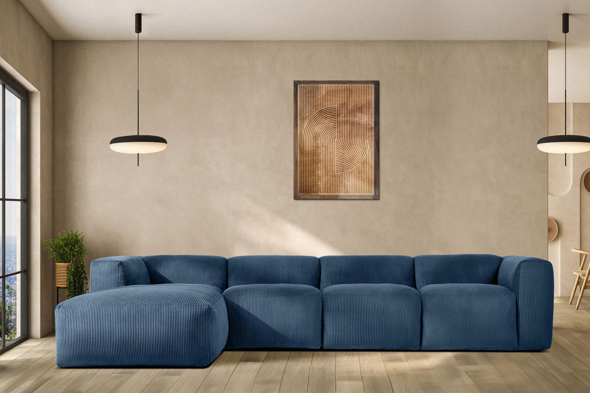 ECKMODULSOFA-RECHTS BUFFO 6-Sitzer mit extrem weicher Sitzfläche, Kordstoff, marineblau - Blau/Grün, Textil (377/180cm) - KONSIMO®