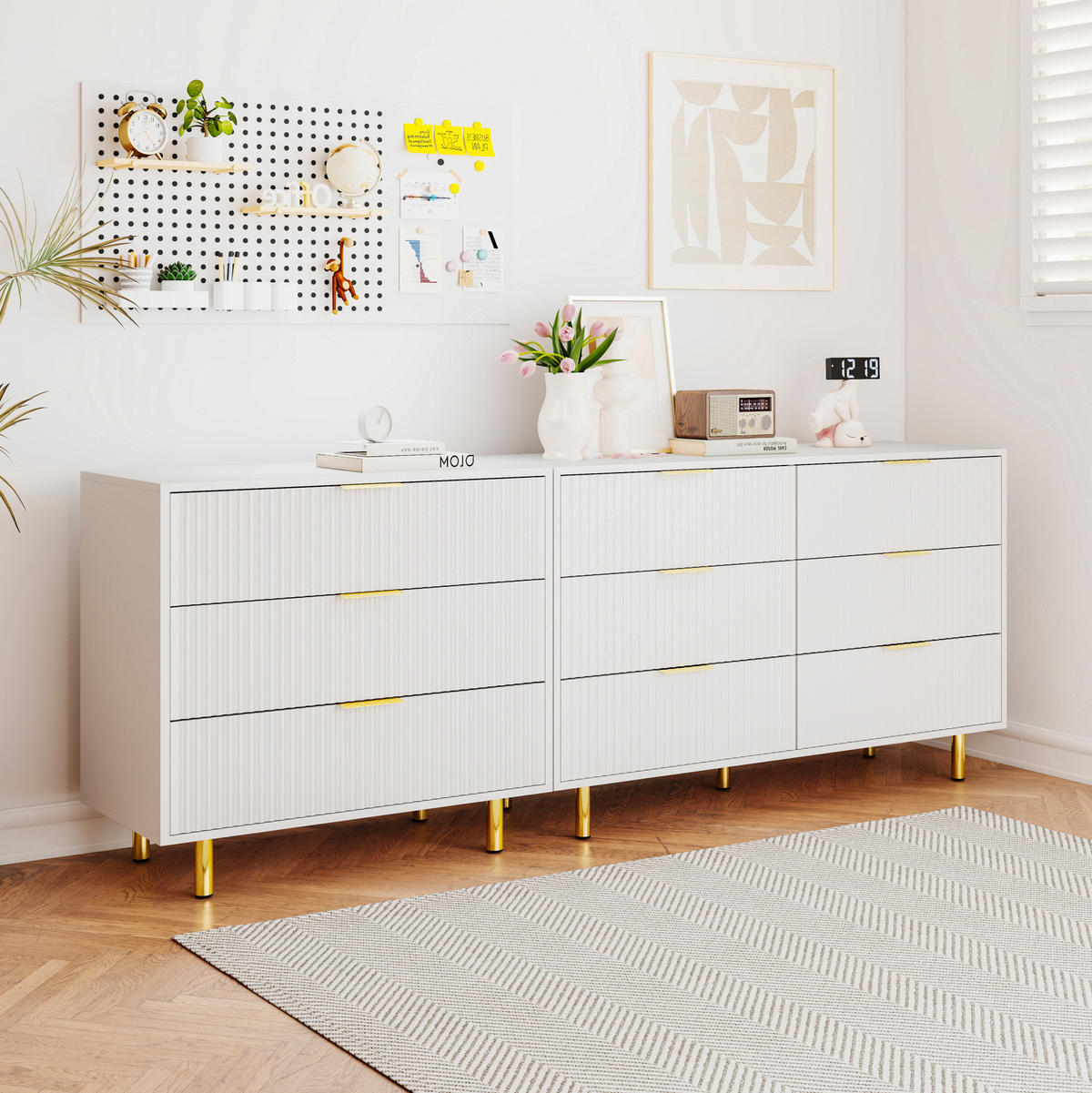 KOMMODEN-SIDEBOARD 200/40/72 cm mit 9 Schubladen in Weiß und Gold - Weiß, Holzwerkstoff (200/72/40cm) - BEAOK