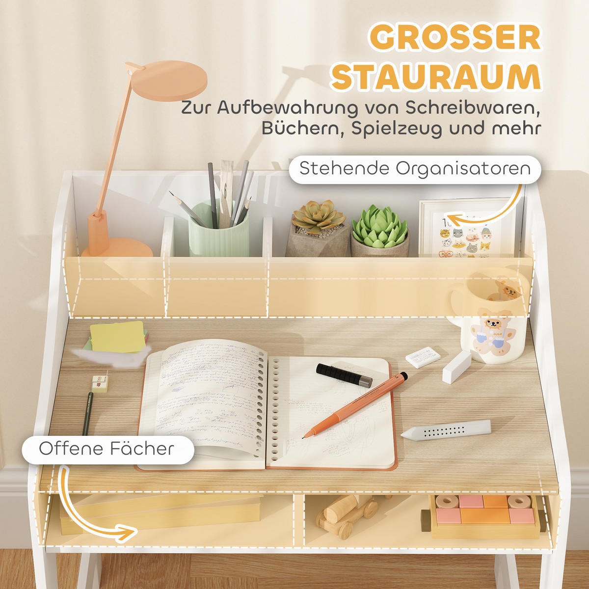 KINDERSCHREIBTISCH-SET 2er Set MDF Naturholz - Naturfarben/Weiß, Holzwerkstoff (48/68/60cm) - AIYAPLAY