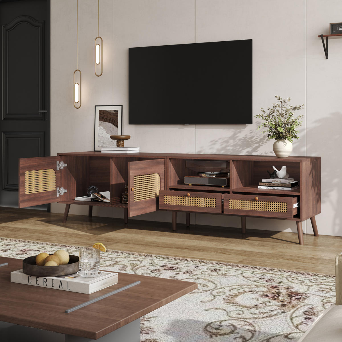 TV-LOWBOARD aus Spanplatte 200x37x49,5 cm Braun mit Rattantüren und 2 Schubladen - Braun, Holzwerkstoff (200/49.5/37cm) - IVMEU