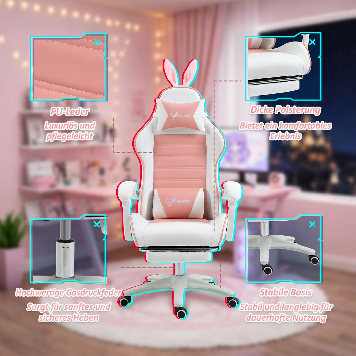GAMING-SESSEL Rosa Kunstleder, Schaumstoff 65xx63x142 xm - Rosa, Kunststoff (63/142/65cm) - DESIGN IN