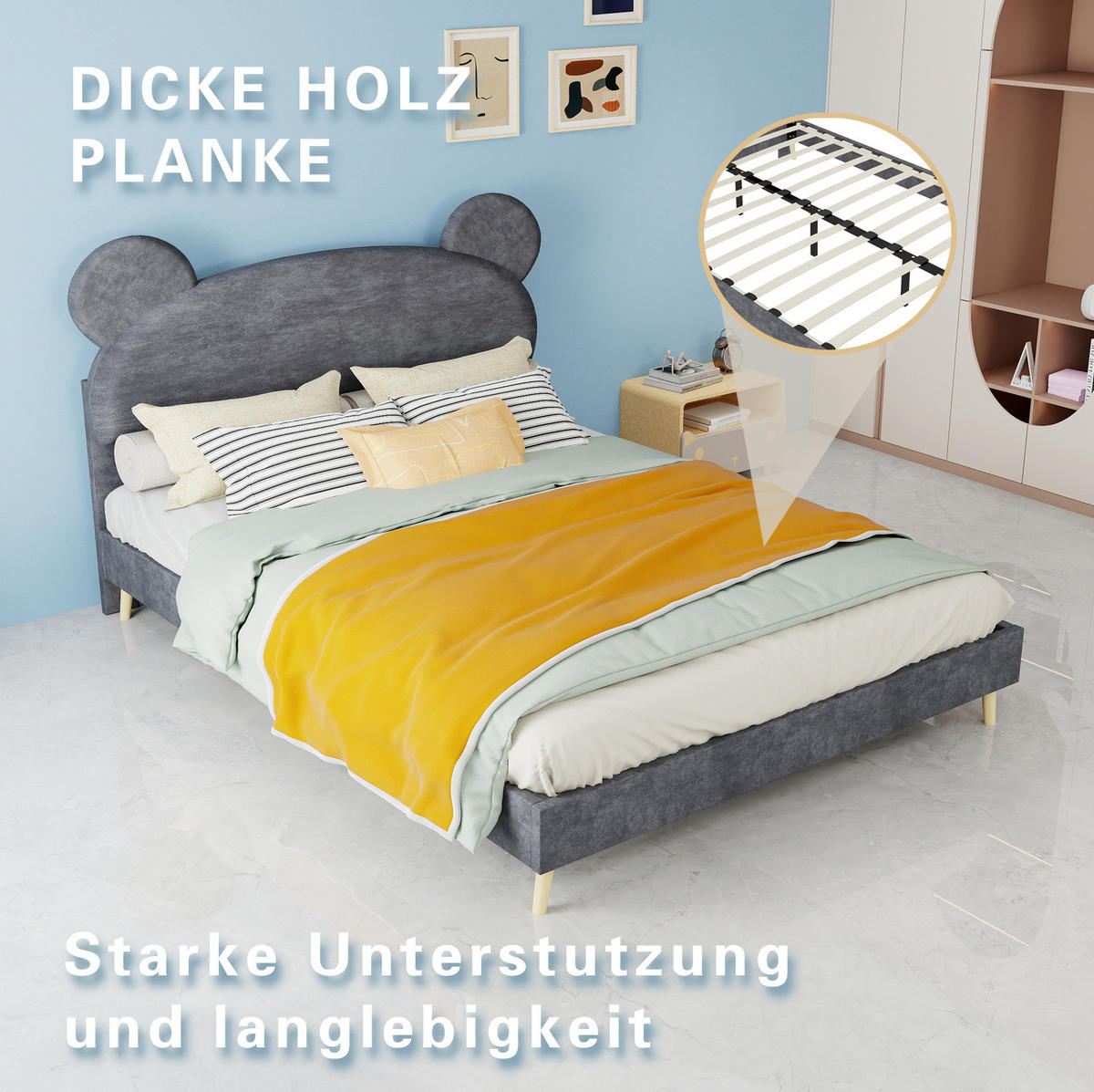 KINDER-POLSTERBETT 140x200 cm in Grau mit Bärenohren-Kopfteil und Taschenfederkernmatratze - Grau, Textil (140/200cm) - IVMEU