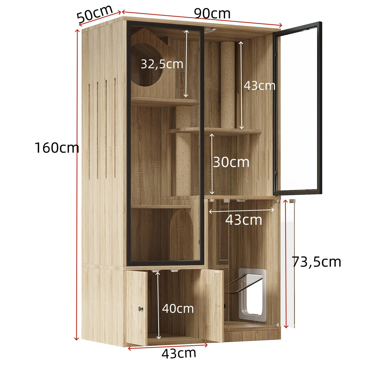 VITRINE Naturfarben 90×50×160 cm aus MDF mit Glasfronten und verriegelbarer Tür - Naturfarben, Holzwerkstoff (90/160/50cm) - Luhomfu