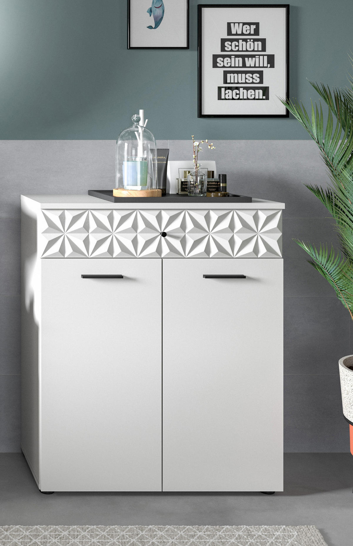 BADSCHRANK weiß Hochglanz 70 cm, Badezimmer Kommode mit 3D-Struktur - Weiß Hochglanz/Schwarz, Holzwerkstoff/Kunststoff (70/85/34cm) - Inn.Furn