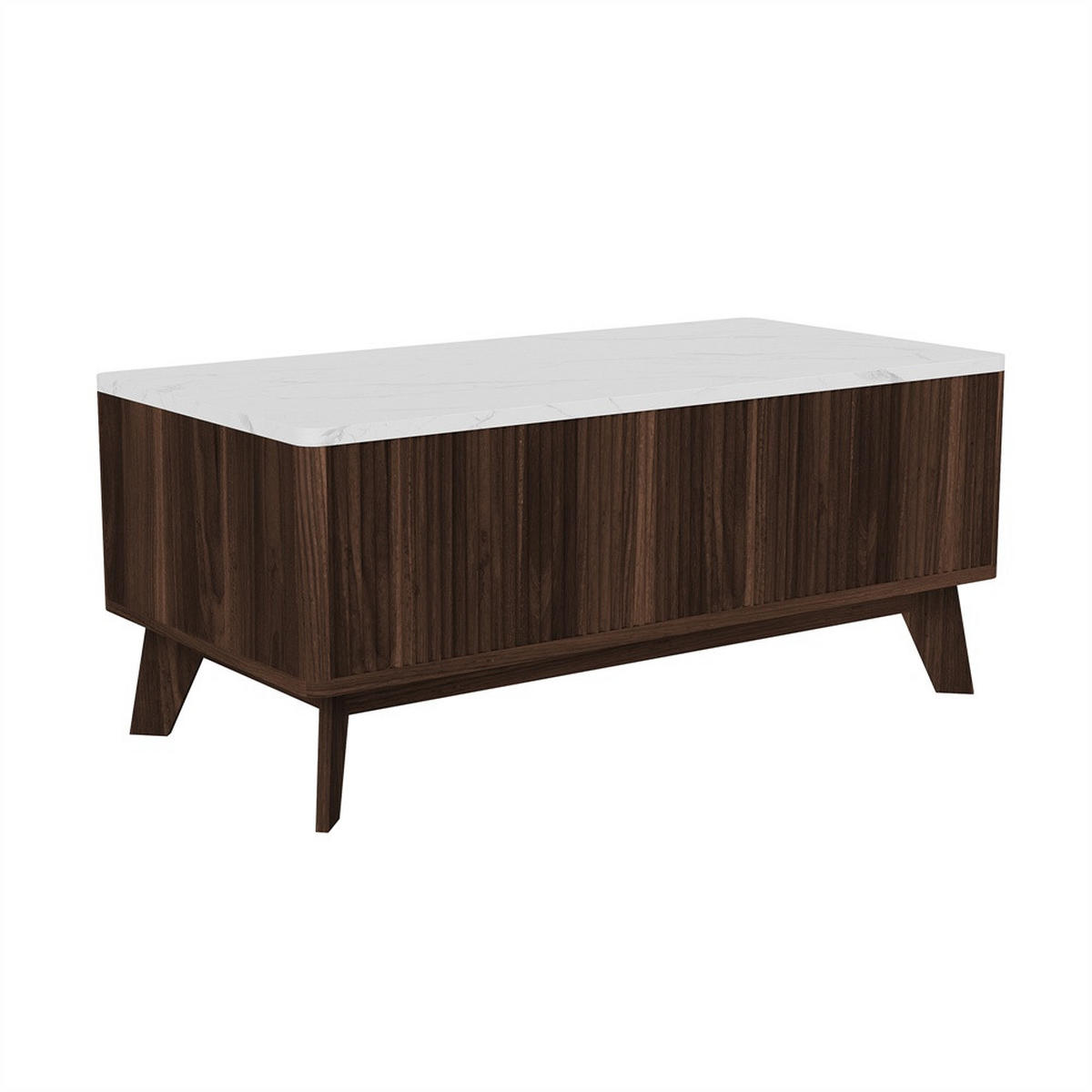 COUCHTISCH in weißer Marmoroptik - Couchtisch Rechteckig mit Lift-Funktion Stauraum und Holzbeinen - Walnuss - Walnussfarben, Holzwerkstoff (53/105/42cm) - DELFA