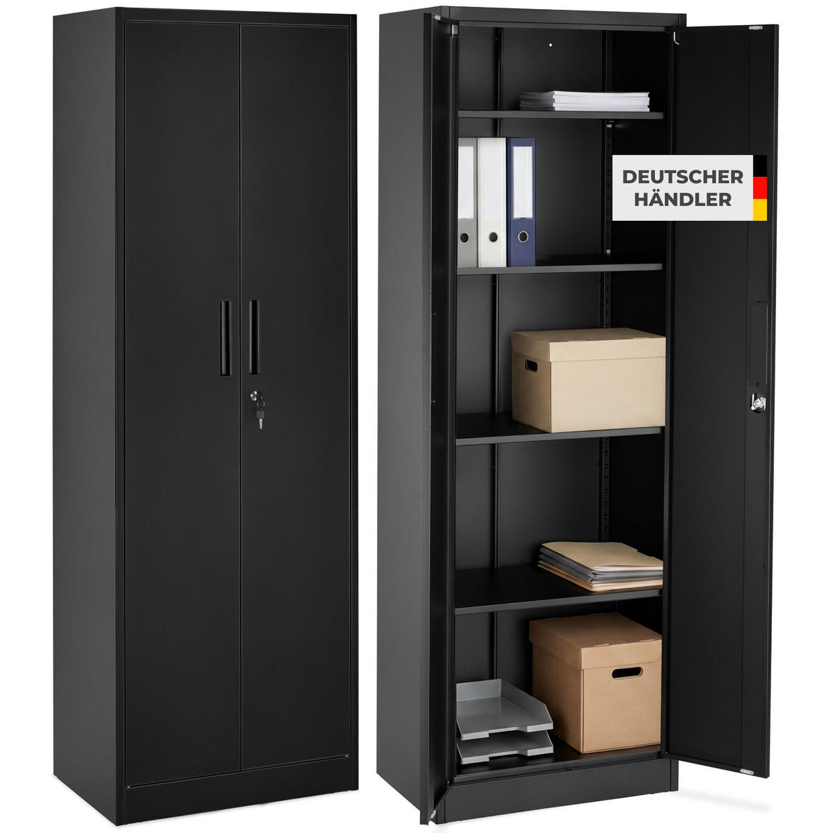 AKTENSCHRANK Brandon, Kippschutz, höhenverstellbare Füße, schwarz - Schwarz, Metall (60/180.5/40cm) - tectake