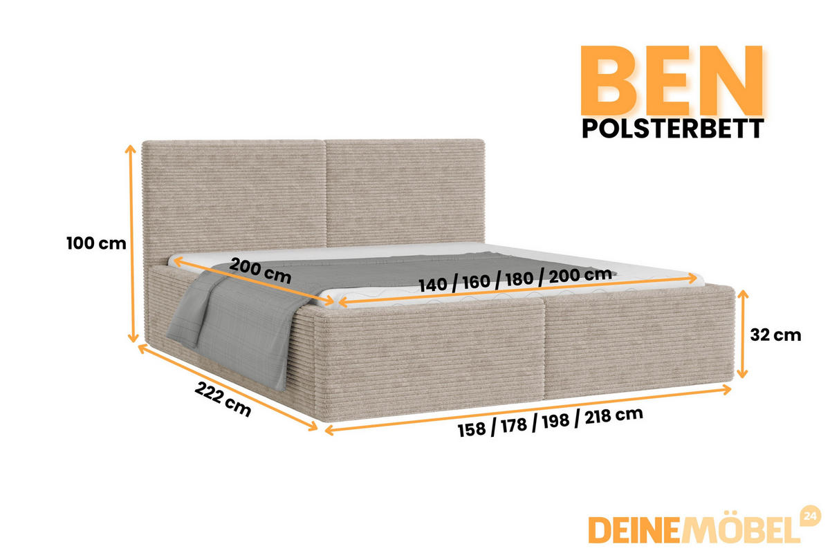 POLSTERBETT BEN 200/200 in Cord Beige - Weiß, Holz/Holzwerkstoff (200/200cm) - Deine Möbel 24