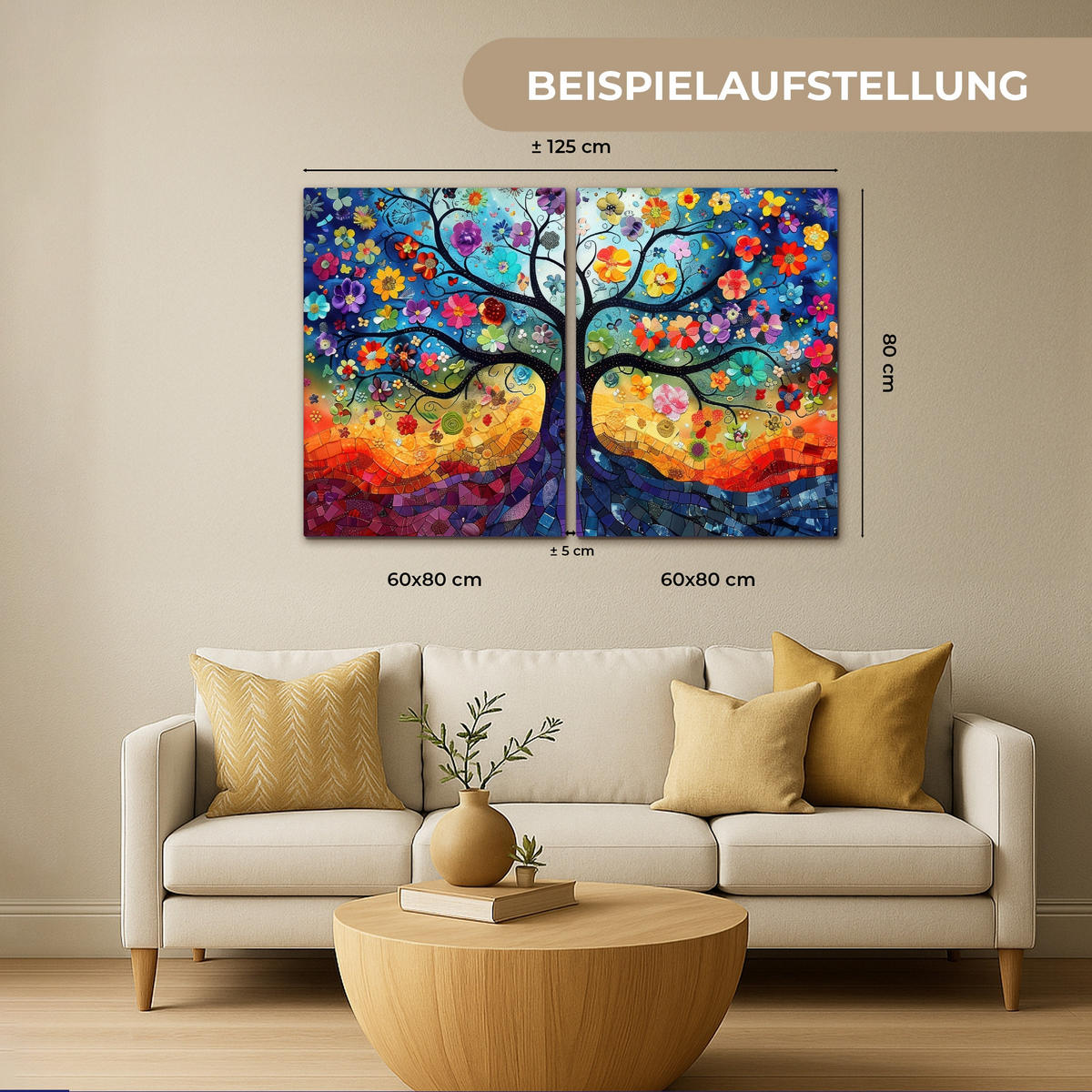 LEINWANDBILD 2er Set Bunt - Baum des Lebens - Blumen - Abstrakt 100x70 cm - Blau, Textil (100/70cm) - MuchoWow