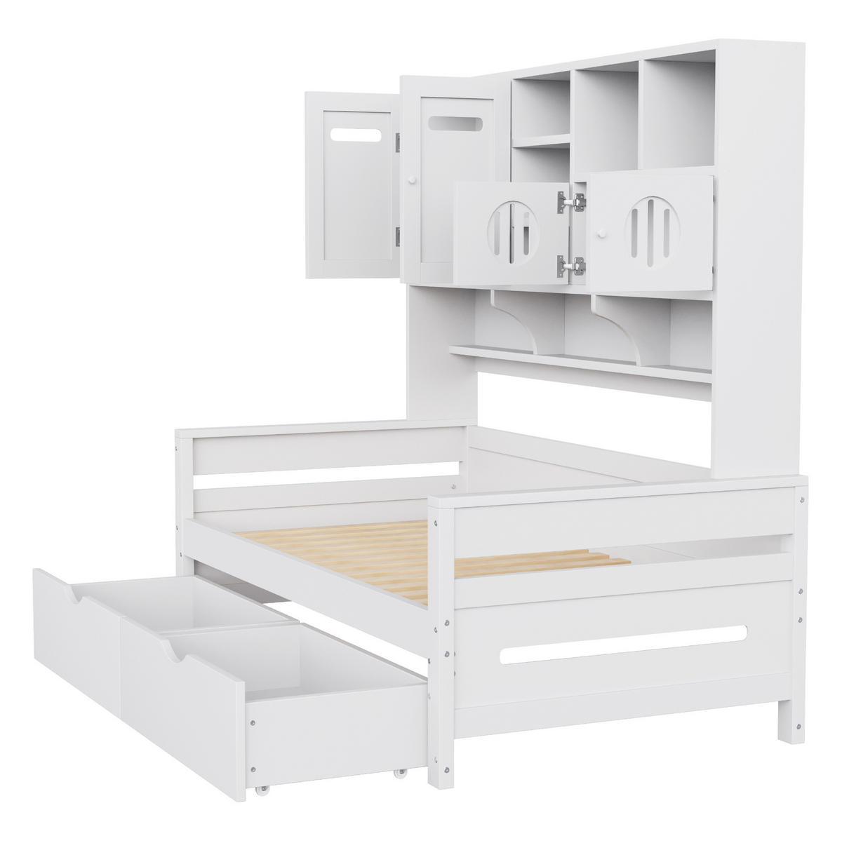 KREVET 90/200 cm s multifunkcionalnim spremištem, 2 velikim ladicama i letvičastim podnicama, Bijela - bijela, drvni materijal (90/200cm) - Redom