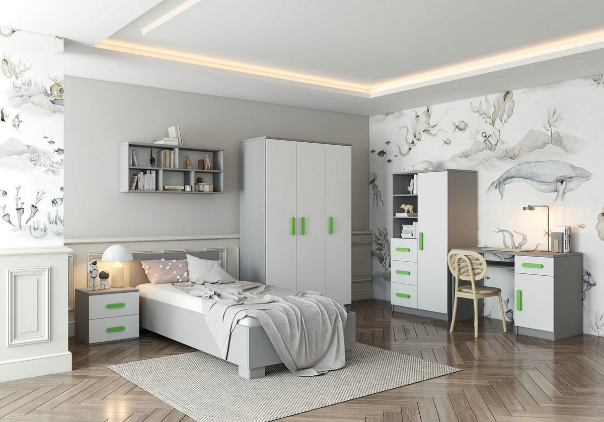 JUGENDZIMMER Elora in Grau und Weiß – 6-teiliges Set – Grifffarbe Limette - Grau, Holzwerkstoff (80/200/120cm)