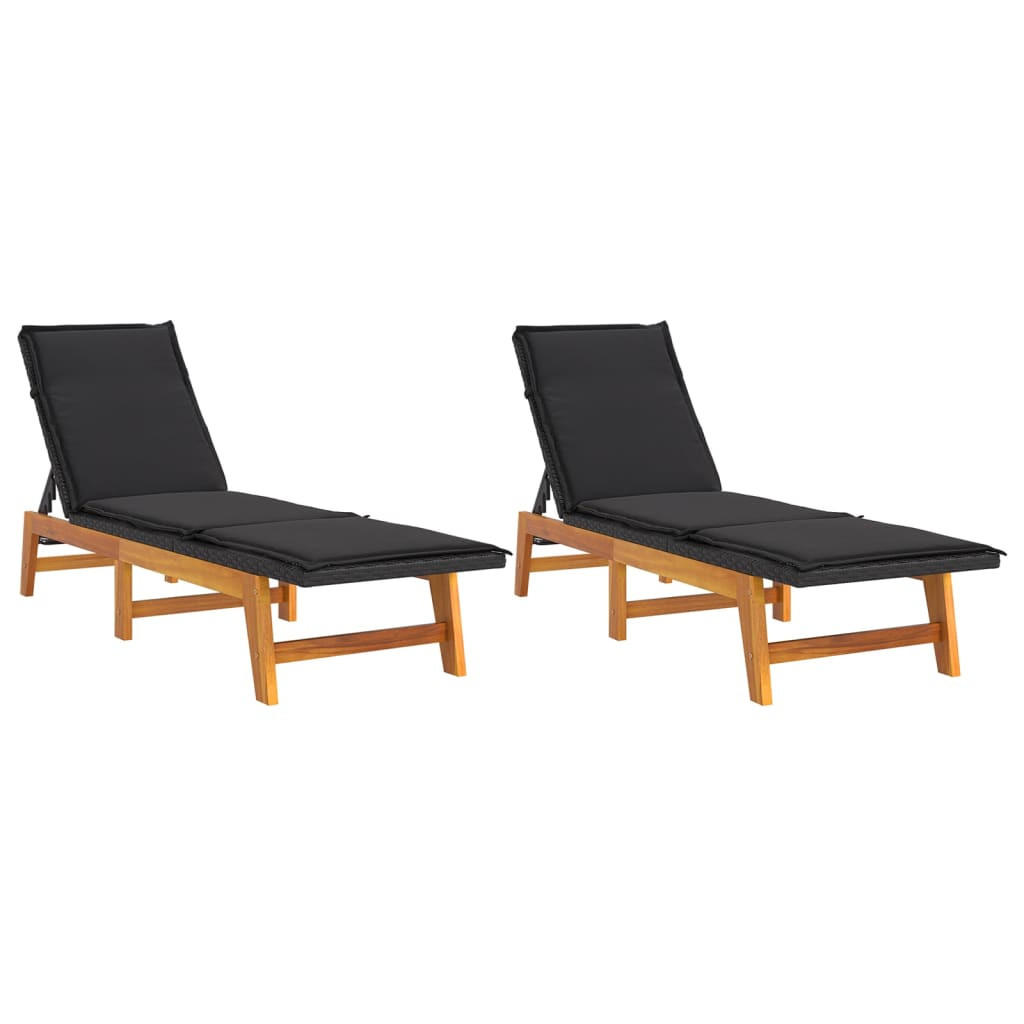 SONNENLIEGEN mit Auflagen 2 Stk. Poly Rattan Massivholz - Schwarz, Holz (54/87/200cm) - furnicato